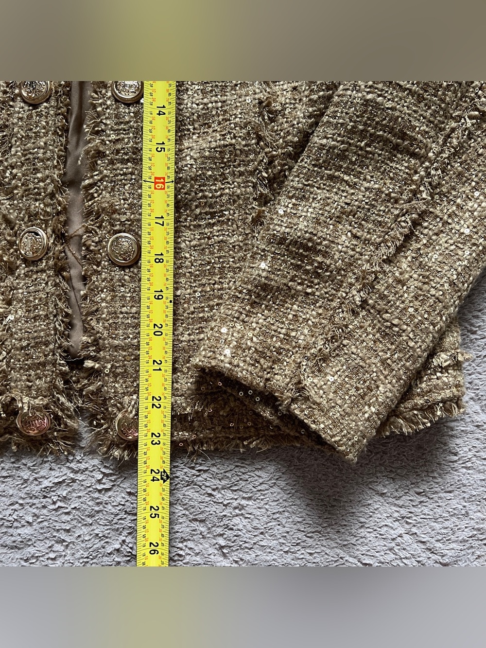 NWT Chico's Gold Tweed Blazer Jacket Fringe Trim Elegant Old Money Luxury Sz M - Picture 8 of 8